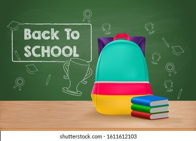 Back to School, School Bag and Books on Wooden Table