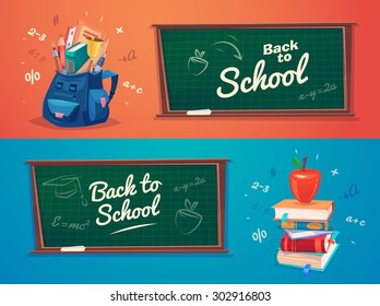 Back to school. School bag with education objects. Vector illustration. 