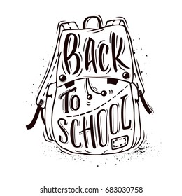 Back to school. School bag with hand-drawn lettering and ink splashes on white background. Vector illustration.