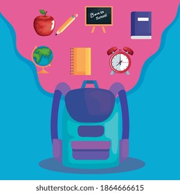 Volver a la escuela diseño de bolsos y conjuntos de iconos, tema de clase de educación Ilustración vectorial