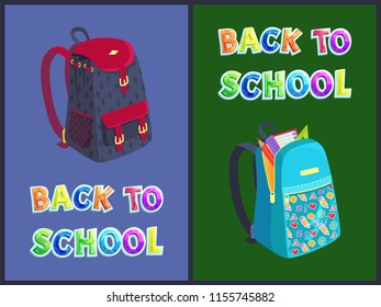 Back to school bag posters and text set. Backpacks of children satchel with notebook page ruler and pencil. Heart and abc pattern on knapsack vector