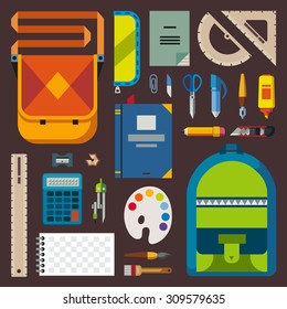 Back to school. Bag pupil or student. Training accessories: pencils, pens, notebooks, ruler, stationery, textbooks. Vector flat illustration