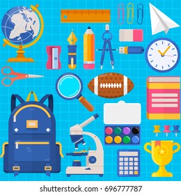 Back to school. Bag pupil or student. Training accessories pencils, pens, notebooks, ruler, stationery textbooks Vector flat illustration