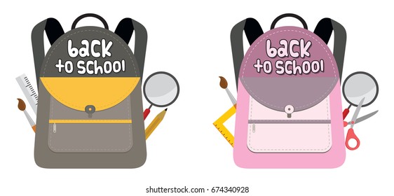Back to school bag with school supplies set vector illustrations
