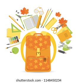 Back to school. School bag and supplies. Vector illustration. School accessories and autumn leaves around backpack on white background. Notebook, pencil, scissors, glasses, ruler, paint, paper clips.