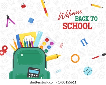 Back to school, School bag with school supplies vector illustration