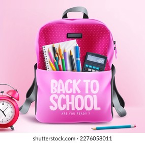 Back to school bag vector design. Back to school bag with supplies like pencil, pen, calculator and notebook elements. Vector illustration educational design.
