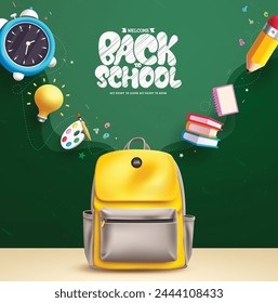 Back to school bag vector design. Welcome back to school greeting text with school backpack, alarm clock, book and pencil educational elements for teaching and learning background. Vector illustration