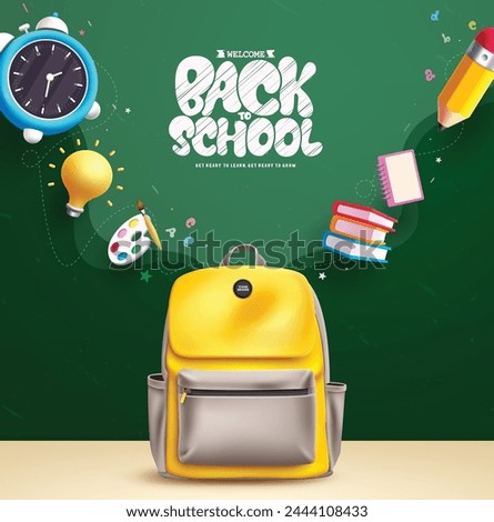 Back to school bag vector design. Welcome back to school greeting text with school backpack, alarm clock, book and pencil educational elements for teaching and learning background. Vector illustration