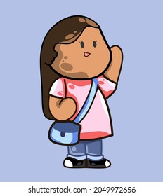 Back to school. Balck skinned cute girl student standing with happy face. Kindergarten cartoon vecor illustration.