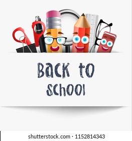 Back to school. Banner with 3d icons; pencil, pen, scissors, eraser tool, binder. Vector illustration