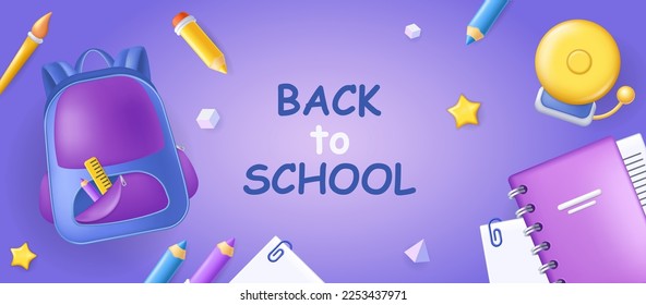 Cartel de regreso a la escuela en un diseño moderno realista en 3d. Bolsa de colegio para alumnos con pluma y regla, lápices, pinceles, papel, cuadernos y timbre en afiche de plantilla horizontal. Ilustración vectorial para web