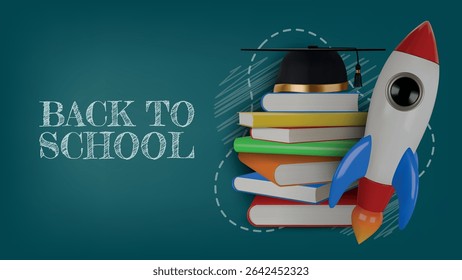 back to school banner with 3d stack of books, graduation hat and rocket