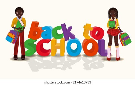 Cartel de regreso a la escuela, niños y niñas africanos. ilustración vectorial