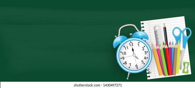 Back to school banner with alarm clock, crayon, note paper, pencil, scissors, ruler, sharpener on green chalkboard with space for text