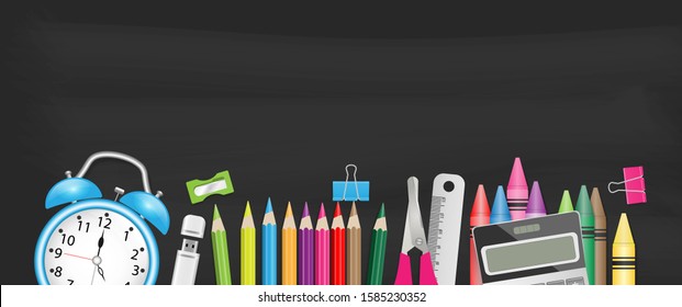 Back to school banner with alarm clock, crayon, pencil, scissors, ruler, sharpener on black chalkboard with space for text