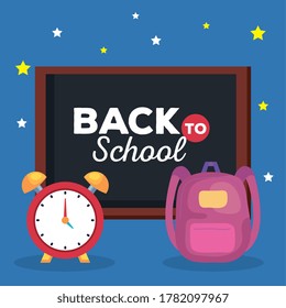 back to school banner, alarm clock with chalkboard and backpack vector illustration design