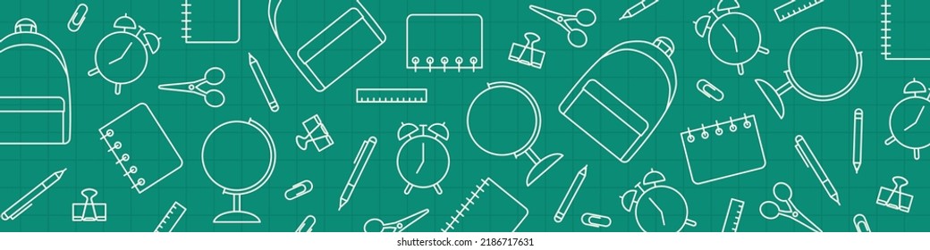 banner de la escuela, reloj despertador, regla, tijeras, clips, lápiz, bloc de notas, tijeras, mochila y patrón de globo- ilustración vectorial