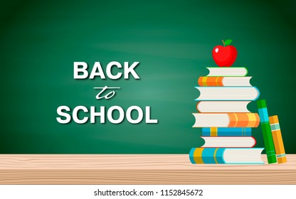 Back to school banner with apple on stack of books over blackboard. Vector illustration