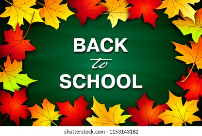     Back to school banner with autumn leaves over blackboard. Vector illustration 
