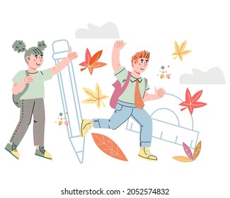 De vuelta al telón de fondo de la escuela con un niño y una niña. Personajes escolares para escolaridad, aprendizaje y educación infantil, ilustración vectorial de dibujos planos aislados en fondo blanco.