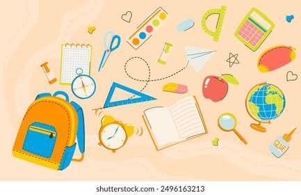 Back to school banner background with bright colorful illustrations of school supplies. Design for posts, flyer, social media, banner. Education elements backpack, books, alarm clock, globe, paints