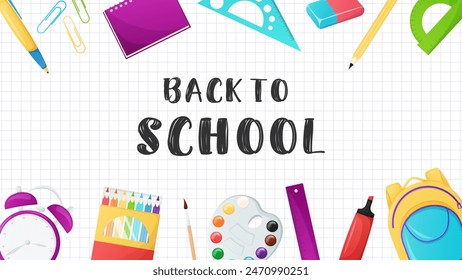 Back to school banner, background concept with school supplies. Education elements frame.