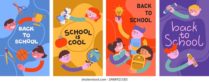 Back to school banner, background, flyer, card. Simple flat style education icons, symbols, doodles. Art collage,design elements. Bright colorful school subjects conept.