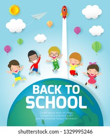 Back to school banner background. Group of Kids jumping on the Globe, Paper cut and craft style. Paper art style, you text, Origami. Template for advertising brochure, your text, illustration vector.