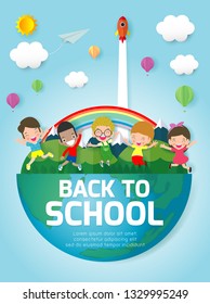 Back to school banner background. Group of Kids jumping on the Globe, Paper cut and craft style. Paper art style, you text, Origami. Template for advertising brochure, your text, illustration vector.