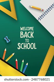 Back To School banner background with notebook, pencils, crayons, ruler, pencil case and green chalk board and text. Vector illustration template for education, school, greeting card, cover, brochure.