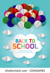 Back to school banner background. Origami made of Balloons and cloud in the air, paper art design and craft style. Template for advertising brochure, your text, illustration vector
