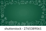 Back to school banner. Background with school outline icons on green chalkboard. Education poster template. Rectangular backdrop with study stationery and copy space on blackboard. Vector illustration