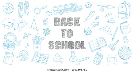 Back to school banner background outline elements of school supplies and objects. Easy to change color. Hand drawn vector illustration EPS10