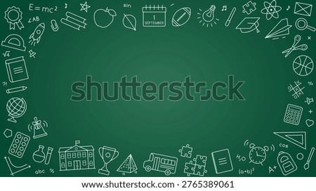 Back to school banner. Background with school outline icons on green chalkboard. Education poster template. Rectangular backdrop with study stationery and copy space on blackboard. Vector illustration