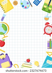Cartel de regreso a la escuela, antecedentes. Material escolar en la hoja de papel. Ilustración vectorial plana