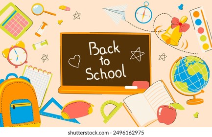 Back to school banner background with school supplies illustration and lettering. Design for posts, flyer, social media, banner. Education elements: backpack, books, alarm clock, globe, paints