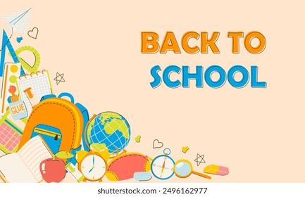 Back to school banner background with school supplies illustrations and lettering. Design for posts, flyer, social media, banner. Education elements: backpack, books, alarm clock, globe, paints