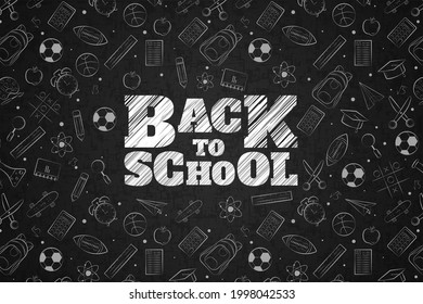 back to school banner background. back to school written in black board with hand drawn vector doodle patterns