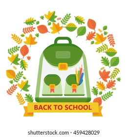 Back To School Banner with backpack and autumn leaves frame. Cartoon flat vector illustration. Objects isolated on a white background.