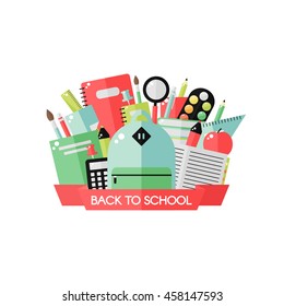 Back to school banner. School backpack, books, pens, paints, notebook, pencil and other school supplies on white background. Flat style vector illustration. 