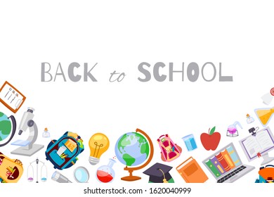 Back to School banner with backpack, globe, notebook and school supplies education vector illustration. Books, pen, pencil, colors and microscope isolated on white educational items.