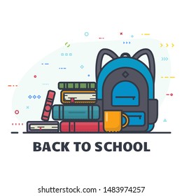 Back to school banner. School backpack with pile of books.  Line style vector.