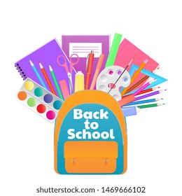 Back to school banner, backpack with study supplies, stationery.