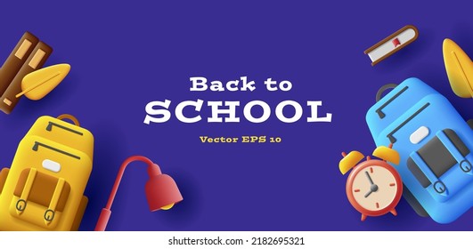 Back to School banner with backpacks and books, autumn leaves and desk lamp, education equipment top view. Vector illustration