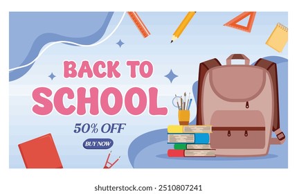 Back to school banner with backpacks and books, clock and pencils with desk lamp. flat vector modern illustration 