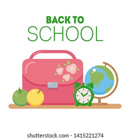 Back to school banner with school bag, globe, alarm and apples. Education vector background