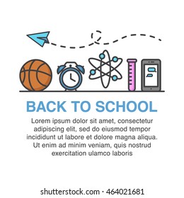 Back to school banner with basket ball, alarm clock, test tube, smartphone and paper airplane icons.