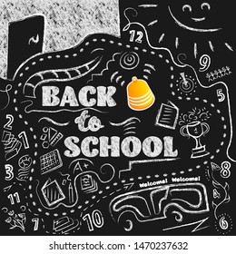 Back to school Banner. Black Chalkboard. Hand-drawing school background.