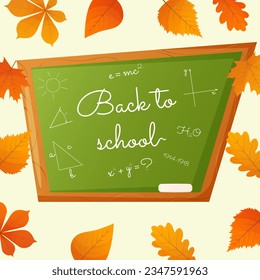 Back to school banner with blackboard and autumn leaves frame. Education poster concept